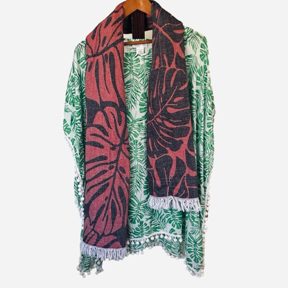 Green Monstera Leaf Set of 3 Coverup + Wrap Scarf Red + Black + Natural Belt - Picture 3 of 15